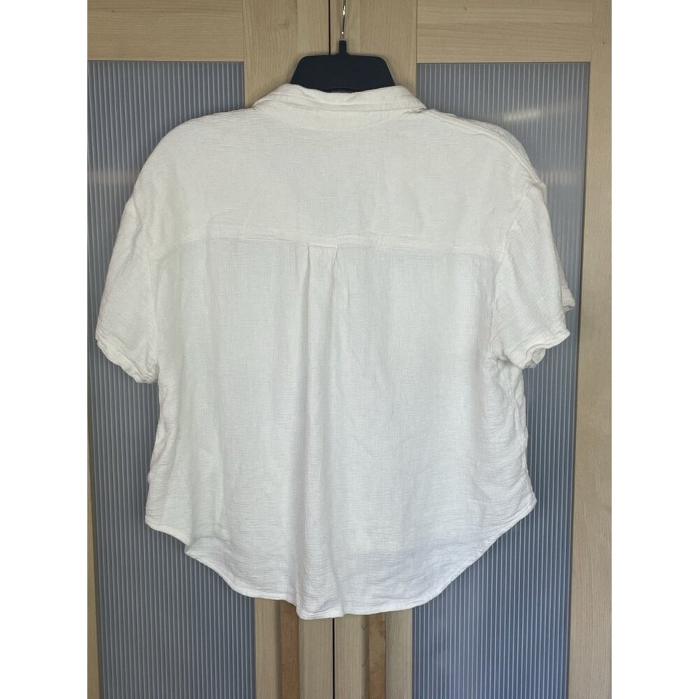 Madewell White Woven Short Sleeve Top Sz L Button Up Crop Coastal Travel Casual - Picture 3 of 4